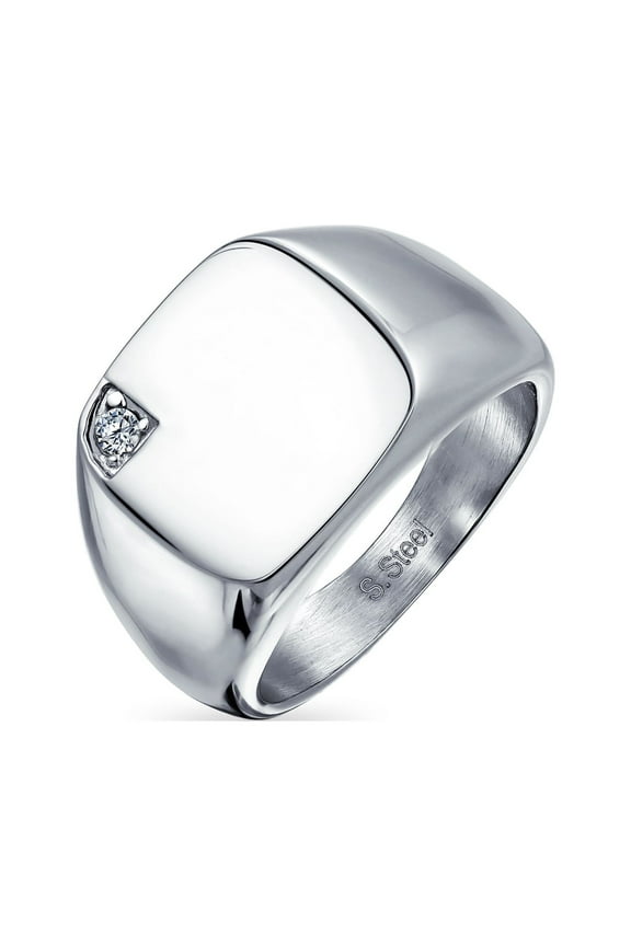Mens Large Square CZ Accent Monogram Initial Signet Ring Silver Tone Stainless Steel