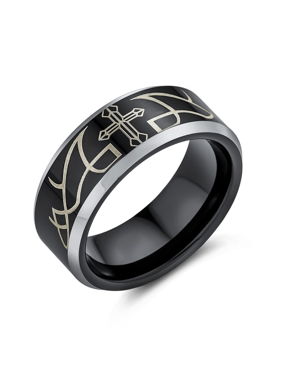 Mens Religious Laser Etched Black Cross Wedding Band Ring Titanium Comfort Fit