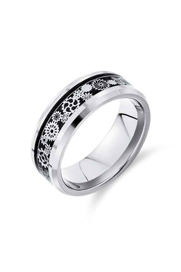 Mens Steampunk Gear Wheel Silver Plated Titanium Ring Band Carbon Fiber Inlay