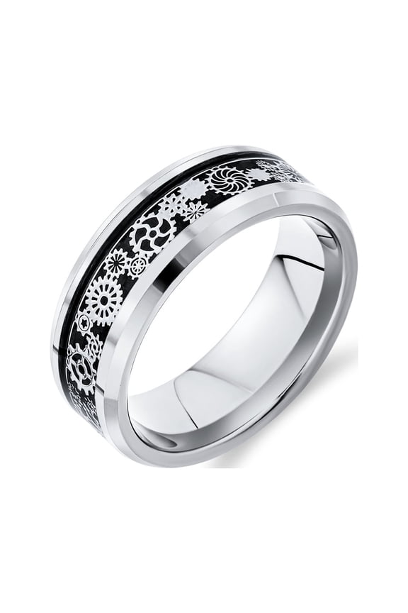 Mens Steampunk Gear Wheel Silver Plated Titanium Ring Band Carbon Fiber Inlay