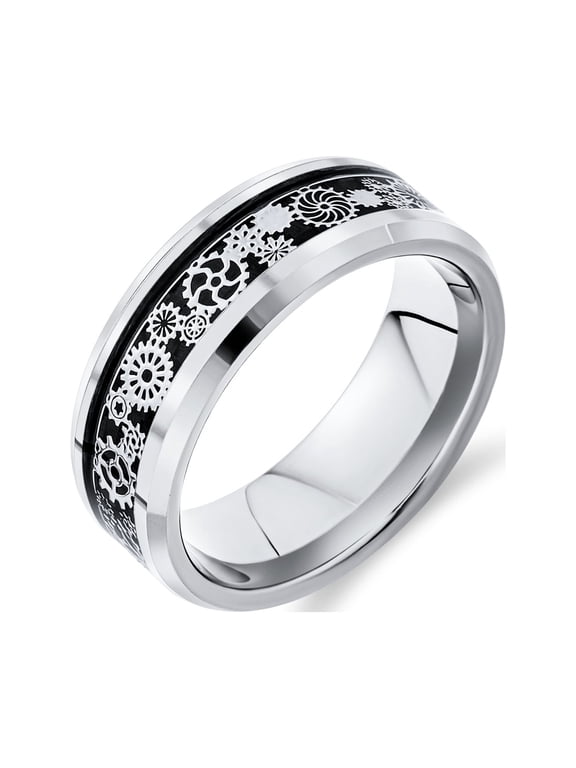 Mens Steampunk Gear Wheel Design Band Ring Titanium Beveled Edge Comfort Fit 8MM