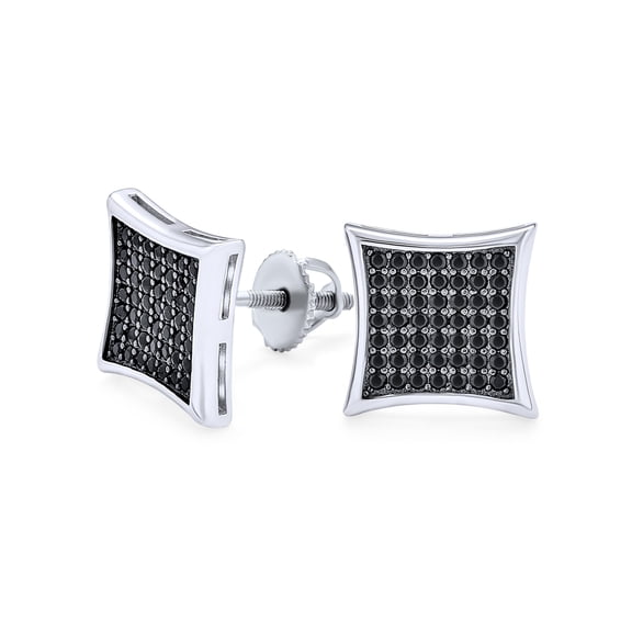 Bling Jewelry Mens Black Square Kite Shaped CZ Micro Pave Cubic Zirconia Stud Earrings .925 Silver Screw back 7-12MM