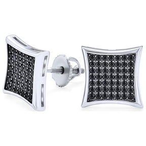 Bling Jewelry Mens Black Square Kite Shaped CZ Micro Stud Earrings .925 Silver Screwback 17MM