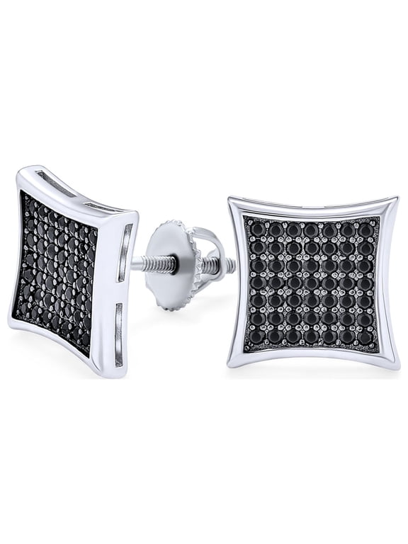 Mens Black Square Kite Shaped CZ Micro Stud Earrings .925 Silver Screwback 11MM
