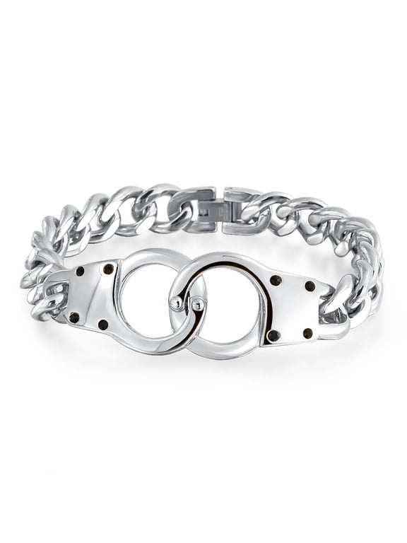 Mens Men's Cuff Lock Curb Chain Bracelet Black or Silver Stainless Steel 9"