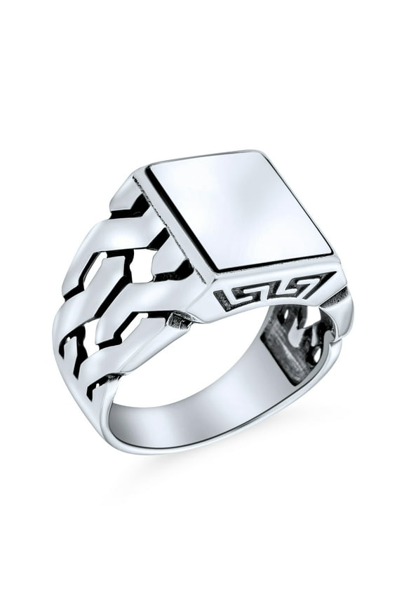 Mens Men's Silver Ring: Cuban Curb Link Chain Initial Monogram Signet Sterling Silver