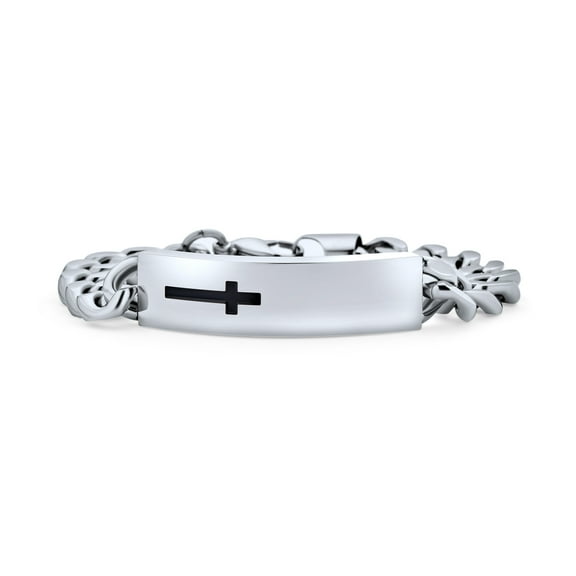 Bling Jewelry Mens Men's Silver Tone Stainless Steel Cross ID Bracelet with Curb Chain