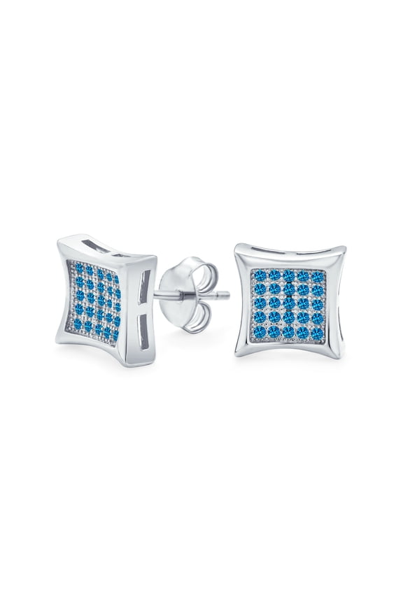 Mens .925 Sterling Silver Micro Pave Blue CZ Square Kite Stud Earrings 12MM Unisex Rhodium Plated