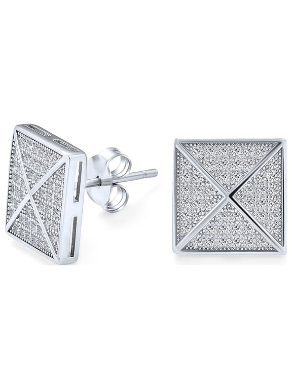Mens Square Pave CZ Pyramid Stud Earrings .925 Sterling Silver 11MM