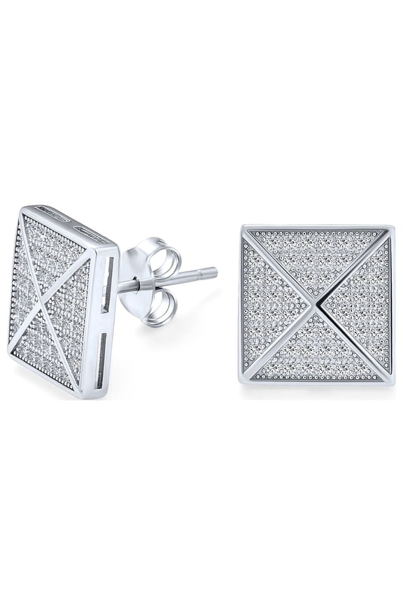 Mens  Men's Square CZ Stud Earrings, Sterling Silver, 9-11 MM Pyramid Design