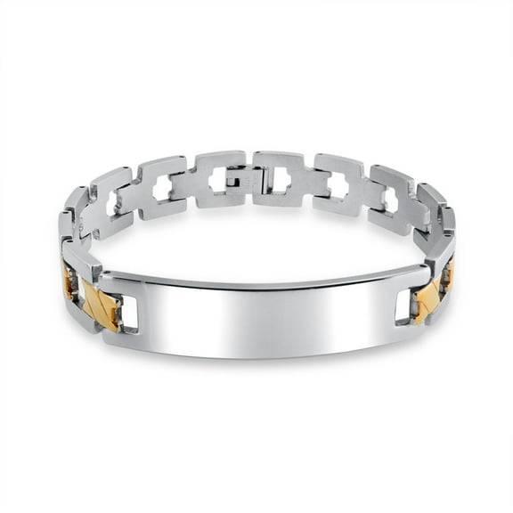 Bling Jewelry Mens Men's Two-Tone Gold Matte ID Bracelet with Cross X Link 8" Stainless Steel Band