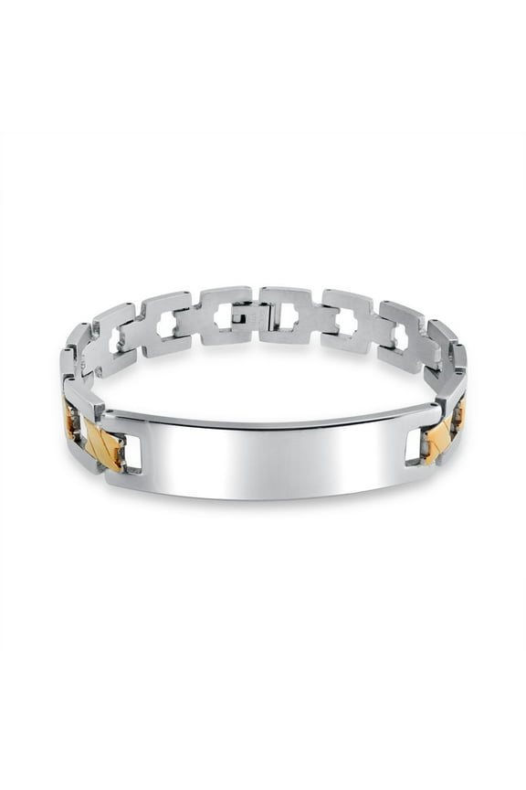 Mens Men's Two-Tone Gold Matte ID Bracelet with Cross X Link 8" Stainless Steel Band