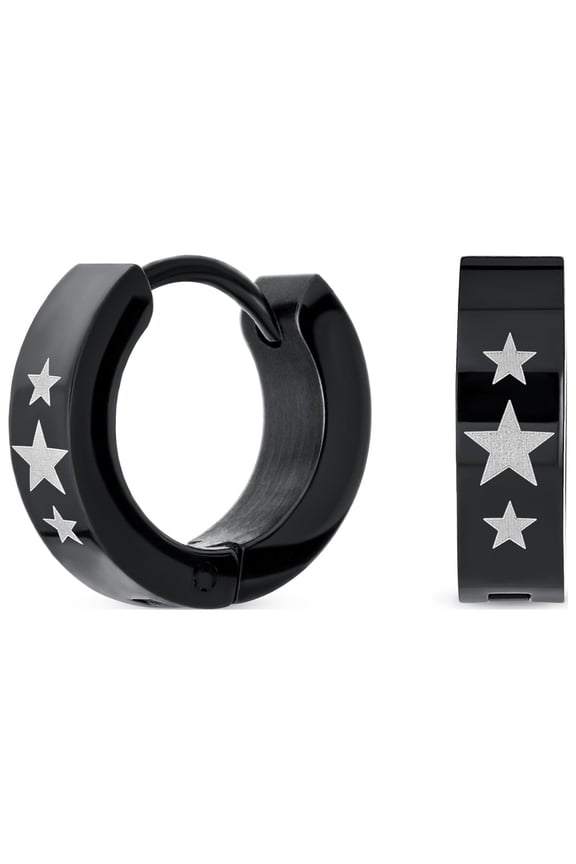 Mens Mens Earrings Black IP Stainless Steel Biker Jewelry USA Stars Hoop Huggie