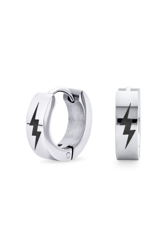 Mens Mens Earrings Black Thunder Bolt Hoop Huggie Stainless Steel Biker Jewelry