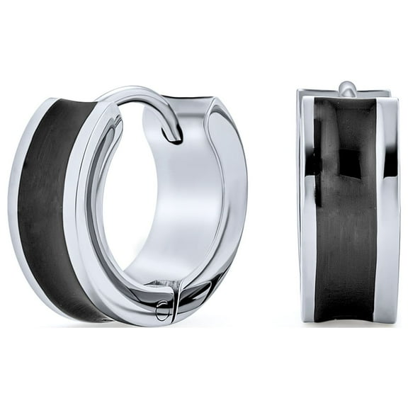 Bling Jewelry Mens Two Tone Striped Black Enamel Concave Huggie Small Hoop Earrings Stainless Steel