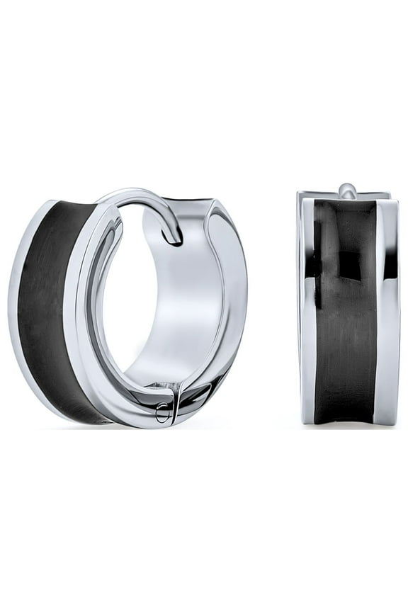 Mens Unisex Two Tone Striped Black Enamel Huggies Mini Hoop Earrings Stainless Steel