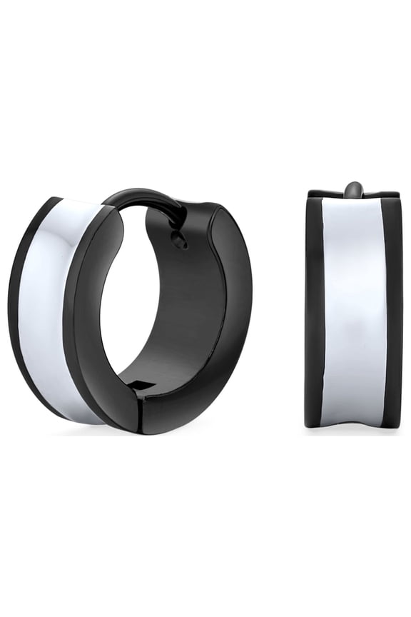 Mens Two Tone Striped Black Enamel Concave Huggie Small Hoop Earrings Stainless Steel