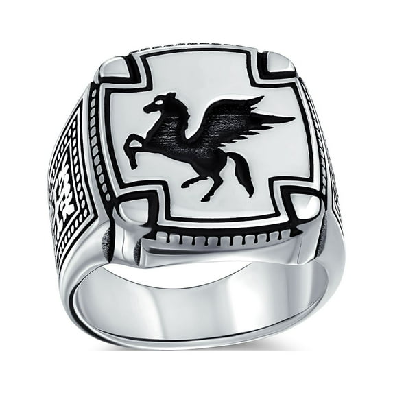 Bling Jewelry Mens Large 2 Tone Greek Mythical Flying Horse Pegasus Signet Ring Sterling Silver