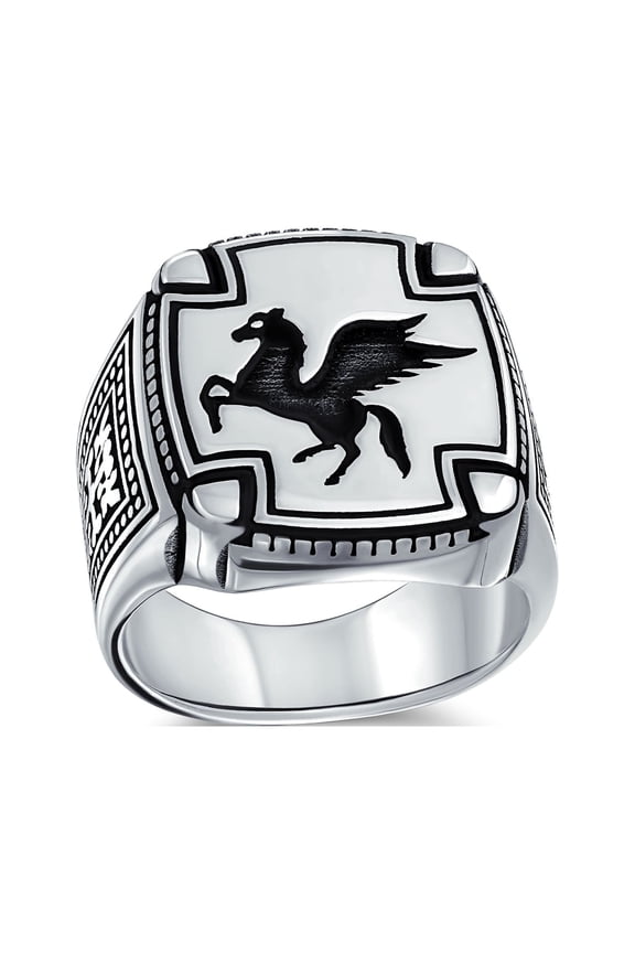Mens Large 2 Tone Greek Mythical Flying Horse Pegasus Signet Ring Sterling Silver
