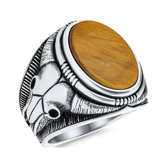 Bling Jewelry Mens Mens Silver Ring Signet Black Onyx Gemstone Longhorn Skull .925 Sterling Silver