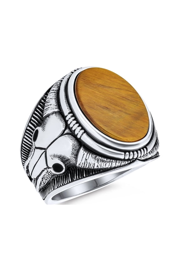 Mens Men's Tiger Eye Oval Western Texas Longhorn Skull Signet Ring .925 Sterling Silver
