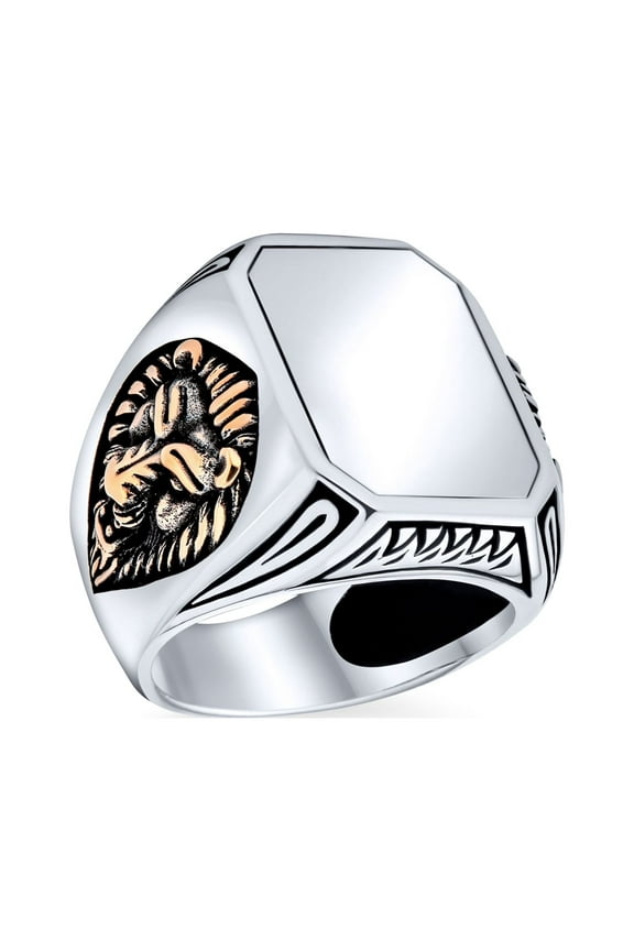 Mens Big Vintage Rectangle Signet Accent Lion King of Jungle Ring