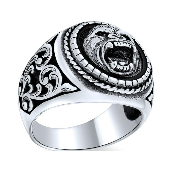 Bling Jewelry Mens Mens Silver Ring Vintage Style King Kong Ape Signet Gorilla Face .925 Sterling
