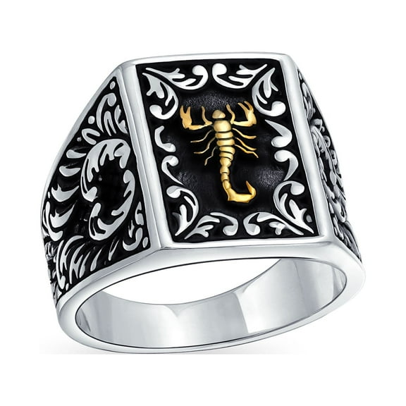 Bling Jewelry Mens Large Zodiac Scorpion Signet Statement Ring Two Tone Brass Patina Silver