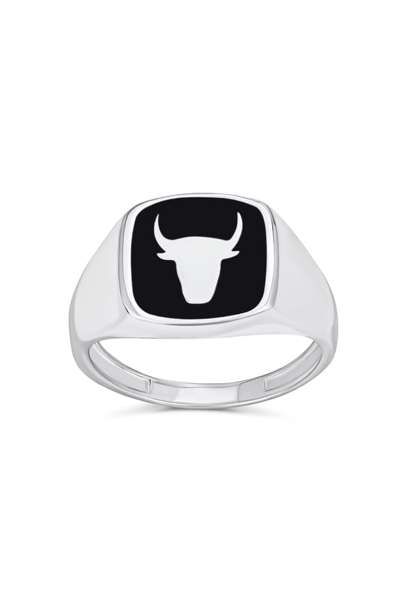 Mens Mens Silver Ring with Black Onyx Gemstone and Longhorn Skull in Sterling Silver