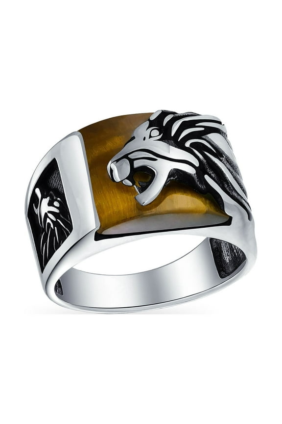 Mens Mens Silver Ring with Black Onyx and Tiger Eye Lion Head Handmade in Turkey