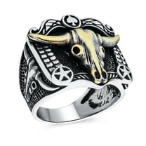 Bling Jewelry Mens Mens Silver Ring Brown Tiger Eye & Black Onyx Gemstone Western Longhorn Design
