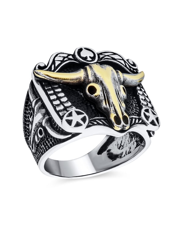 Mens Men's Western Texas Longhorn Statement Ring Oxidized .925 Sterling Silver