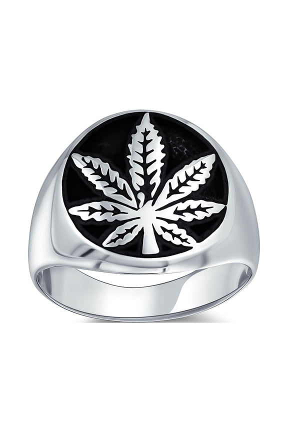 Mens Mens Silver Ring with Cannabis Leaf Medallion Oxidized Sterling Silver Handmade