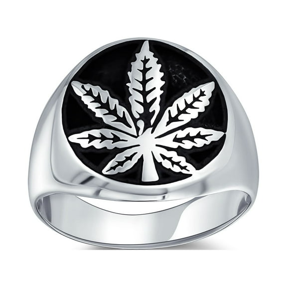 Bling Jewelry Mens Mens Silver Ring with Cannabis Leaf Medallion Oxidized Sterling Silver Handmade