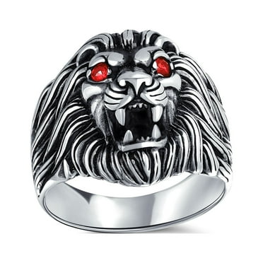 Bling Jewelry Mens Mens Silver Ring Red Ruby Eyes Lion Design Solid Oxidized .925 Sterling Silver