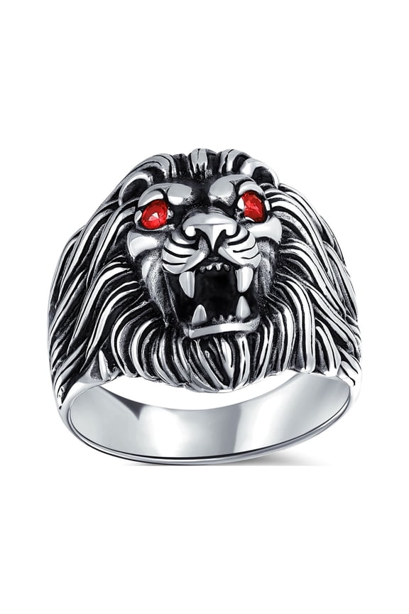 Mens Mens Silver Ring Red Ruby Eyes Lion Design Solid Oxidized .925 Sterling Silver