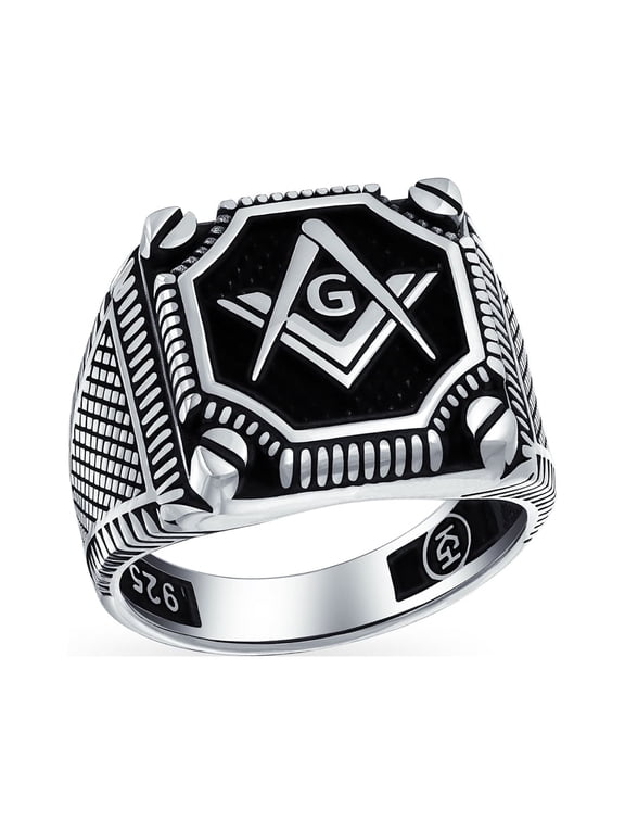Mens Men's 2-Tone Compass Freemason Masonic Signet Ring .925 Sterling Silver