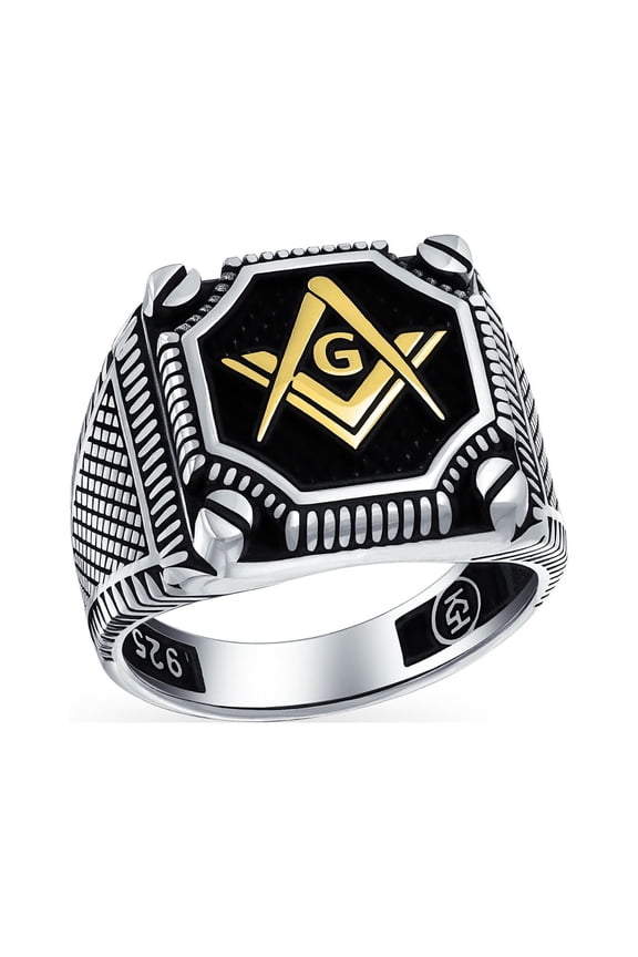 Mens Black Large Compass Freemason Masonic Signet Ring Solid .925 Sterling Silver
