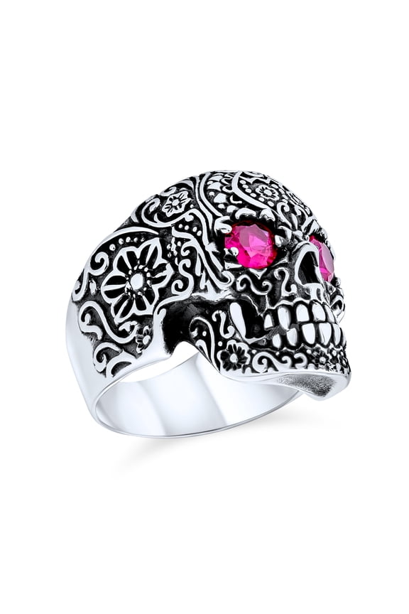 Mens Mens Stainless Steel Biker Skull Ring Simulated Red Ruby CZ Eyes