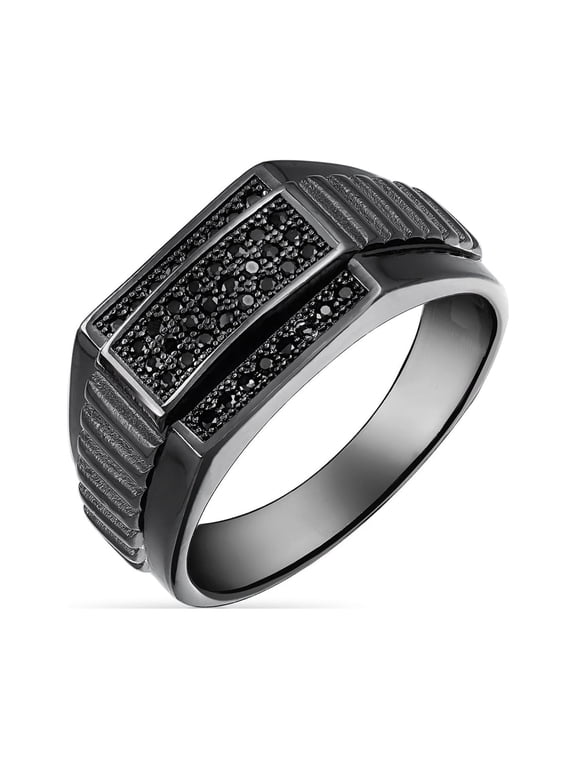 Mens Men's Rectangle Micro Pave Black CZ Signet Ring Sterling Silver