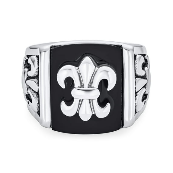 Bling Jewelry Mens Mens Stainless Steel Black Onyx Fleur De Lis Signet Ring Silver Tone