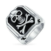 Bling Jewelry Mens Mens Black Pirate Crossbones Skull Signet Ring Silver Tone Stainless Steel