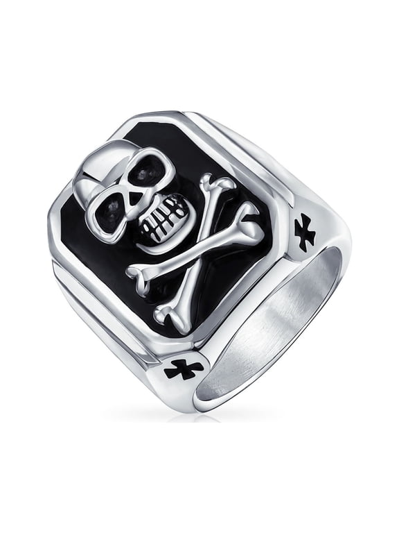 Mens Men's Black Pirate Crossbones Skull Signet Ring Silver Tone Stainless Steel