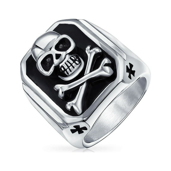 Bling Jewelry Mens Mens Stainless Steel Black Pirate Skull Crossbones Signet Ring Silver Tone