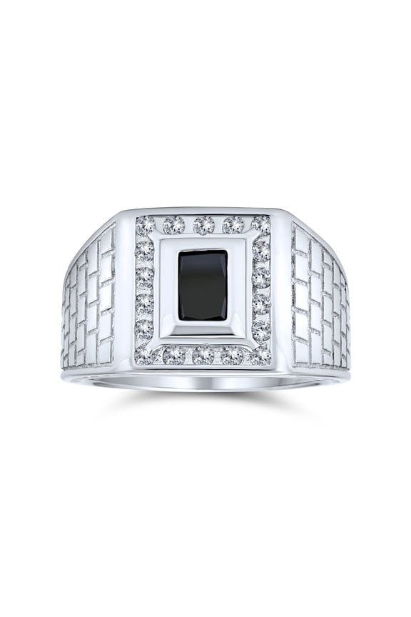 Mens Black Emerald Cut CZ Statement Ring for Men – Brick Pattern Sterling Silver Band