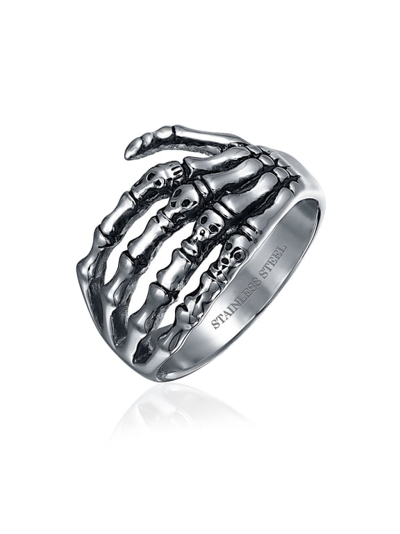 Mens Goth Biker Skelton Hand Band Wrap Ring Silver Tone Oxidized Stainless Steel