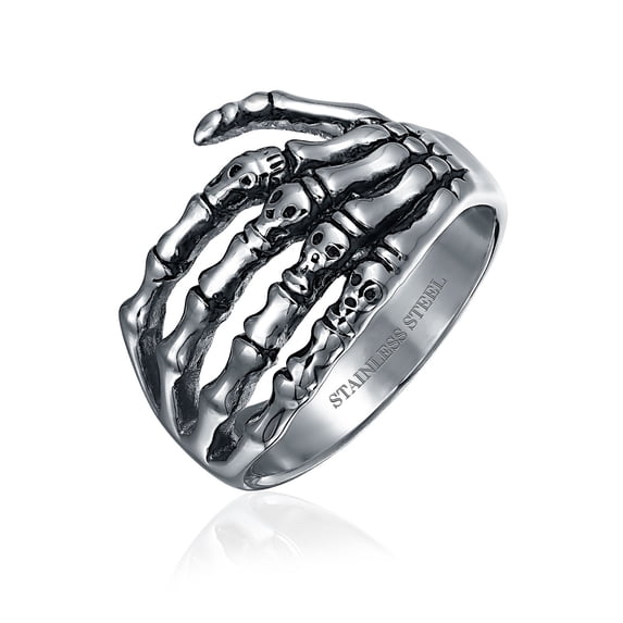 Bling Jewelry Mens Goth Biker Skelton Hand Band Wrap Ring Silver Tone Oxidized Stainless Steel