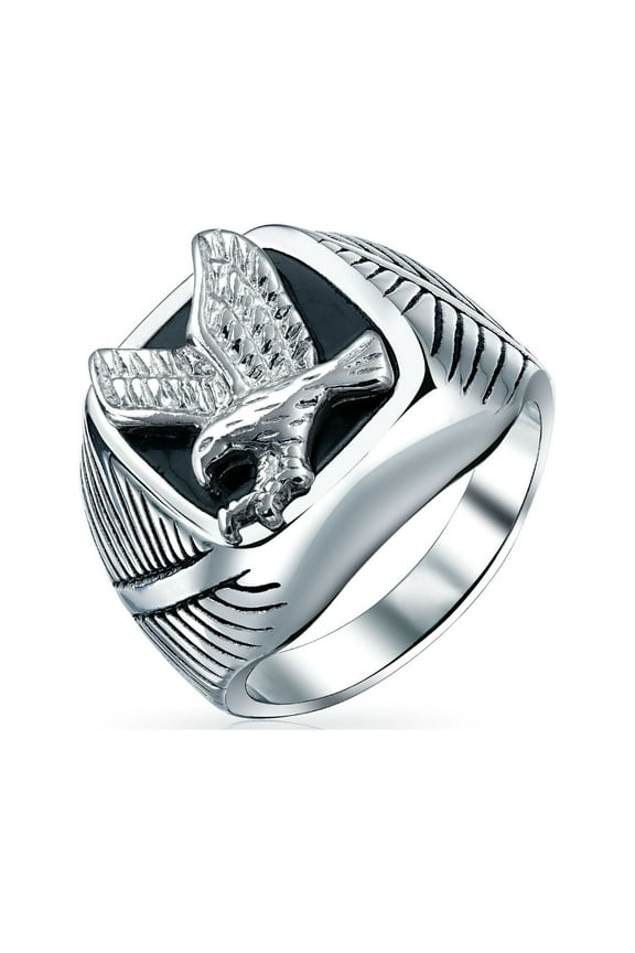 Mens Mens Stainless Steel Large Square Black Patriotic Eagle Signet Ring Silver Tone