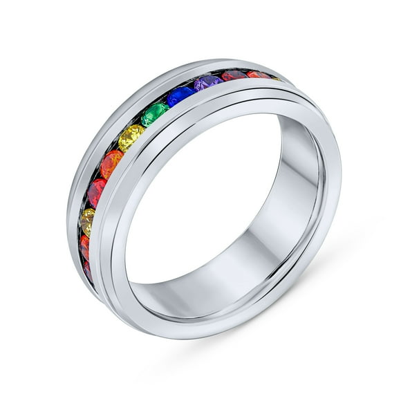 Bling Jewelry Mens Mens Stainless Steel Rainbow CZ Eternity Ring Wedding Band Comfort Fit