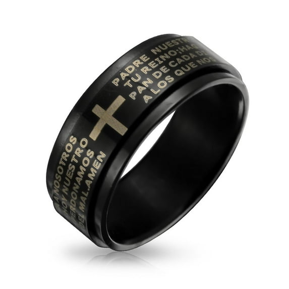 Bling Jewelry Mens Black Spinner Religious Cross Words Lords Prayer Fidget Band Ring Stainless Steel